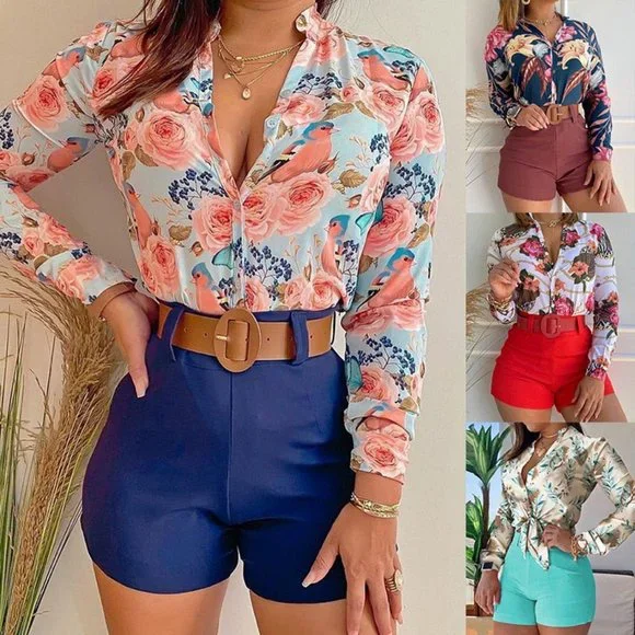 Women High Waist Shorts Sets Long Sleeve Fashion Two Piece Set